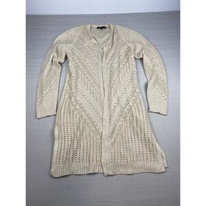 Boho Beige Open Knit Long Cardigan Womens Size Medium Lightweight Duster Sweater